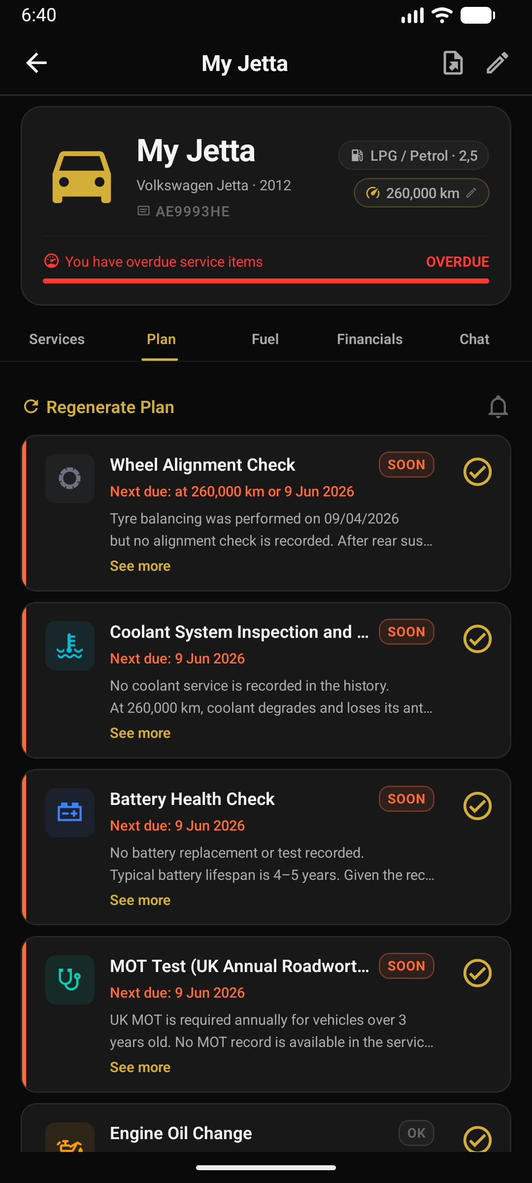 AI maintenance plan with prioritized upcoming tasks and intervals