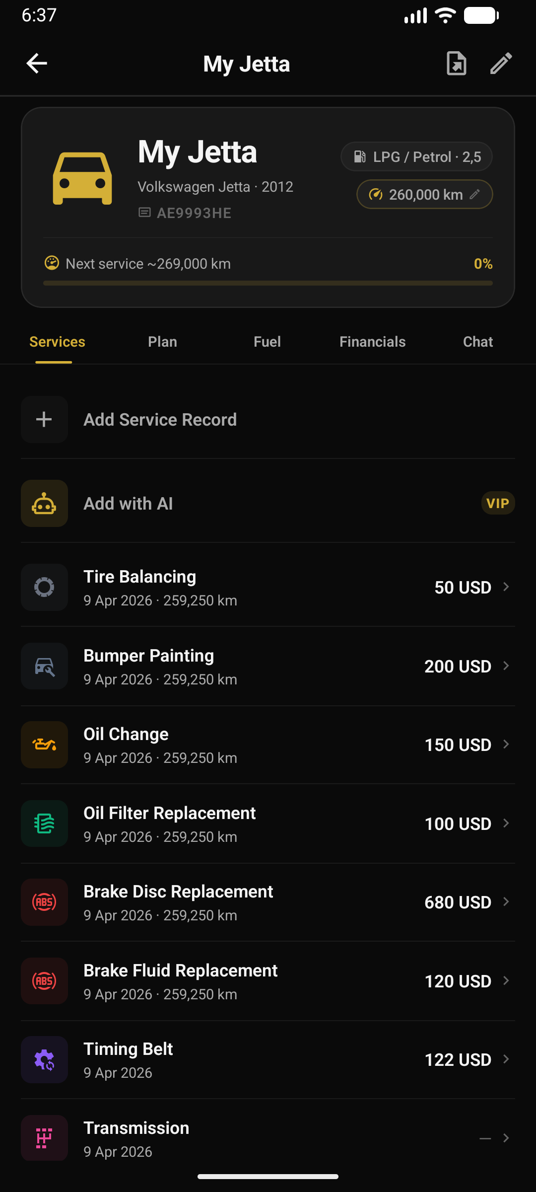 Service book screen with chronological service history records